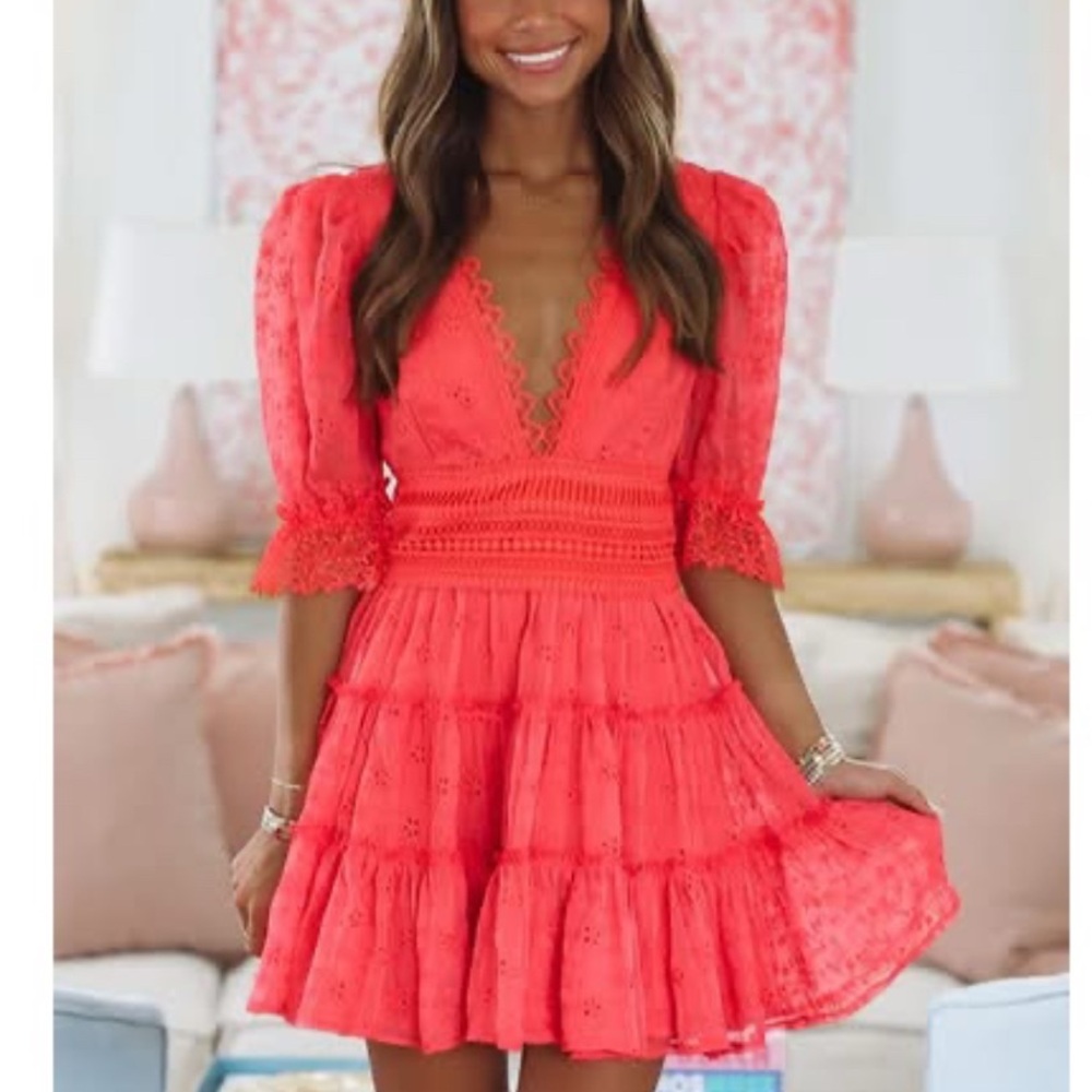 Vibrant Coral Lace Mini Dress